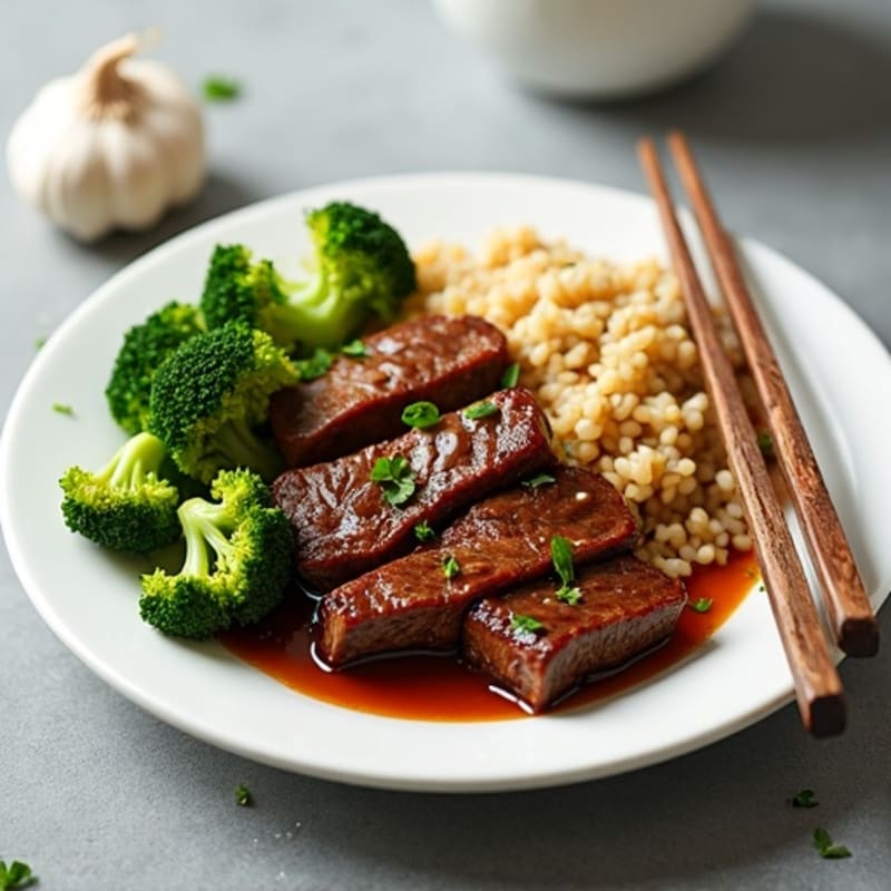 Savory Garlic Ginger Beef with Crispy Broccoli and Brown Rice