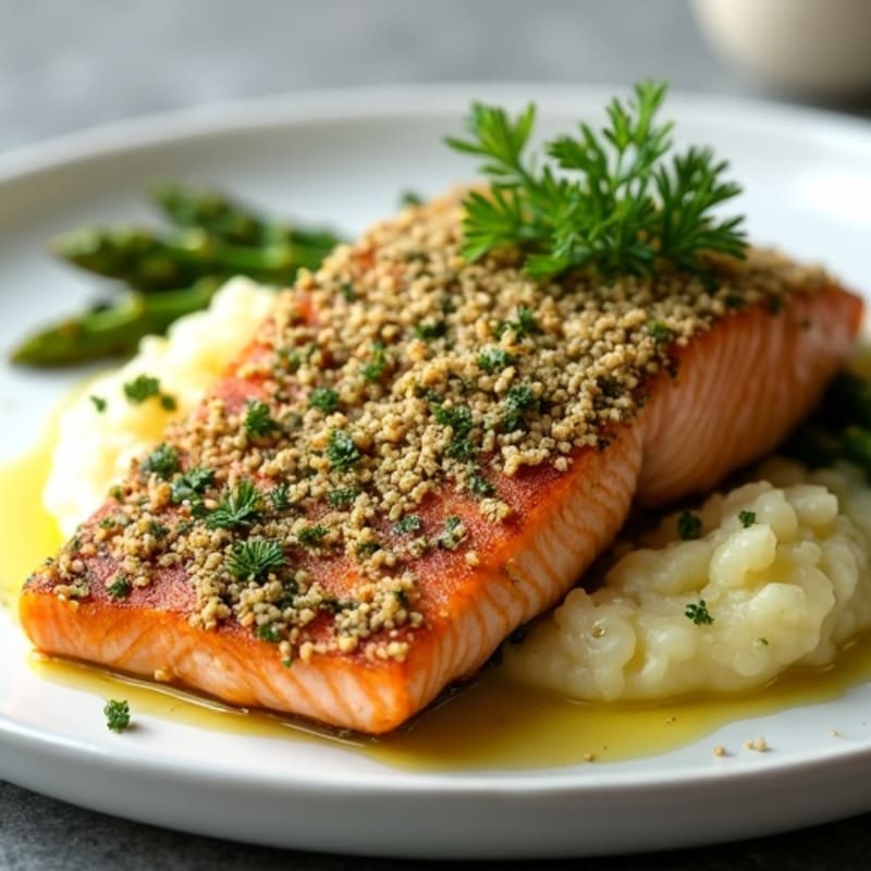 Seared Herb-Crusted Salmon with Steamed Asparagus and Cauliflower Mash