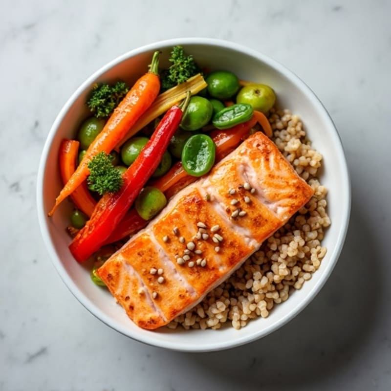 Flaky Salmon Brown Rice Bowl with Crispy Sesame-Ginger Vegetables
