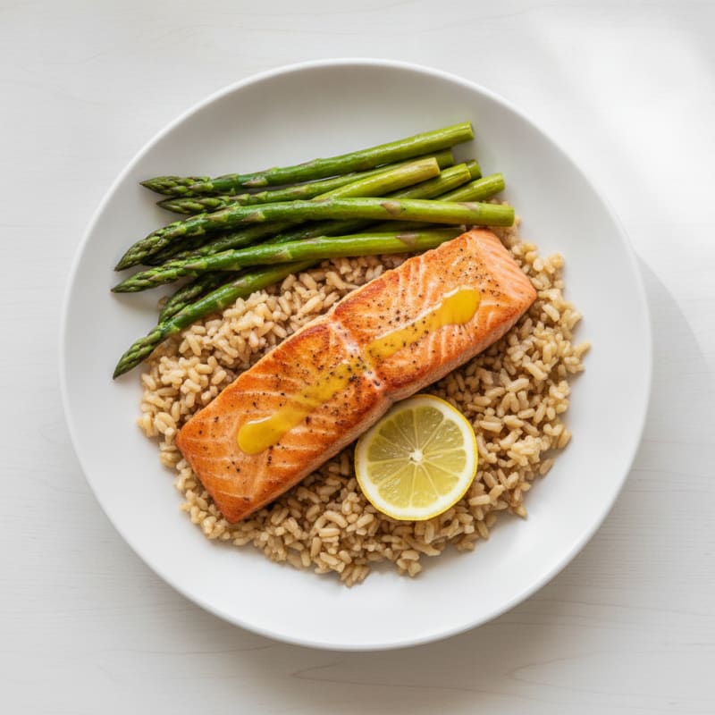 Seared Salmon with Steamed Asparagus and Brown Rice