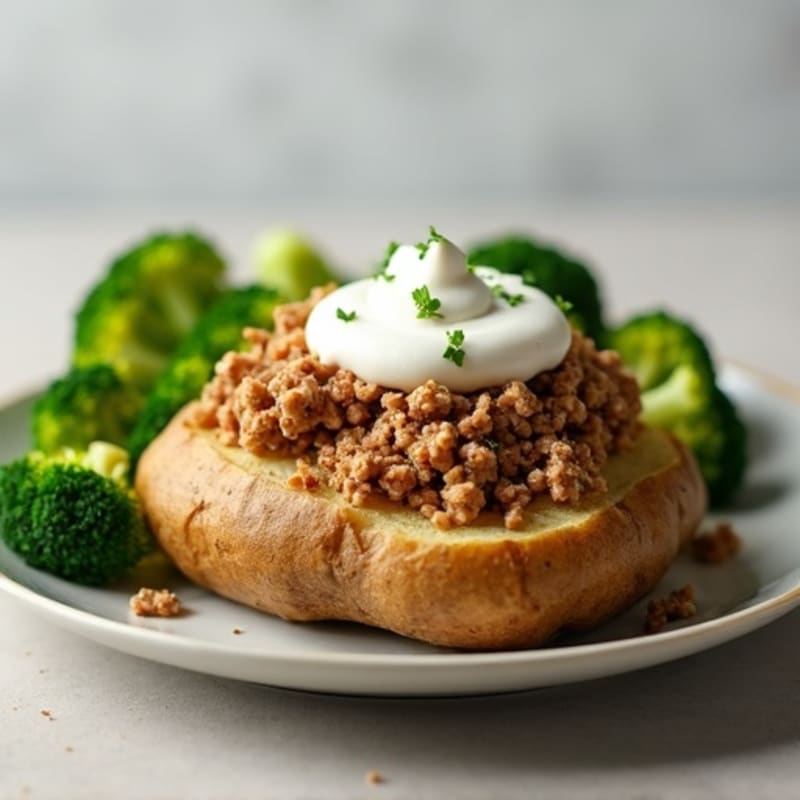 Hearty Baked Potato with Lean Ground Turkey, Steamed Broccoli, and Creamy Greek Yogurt