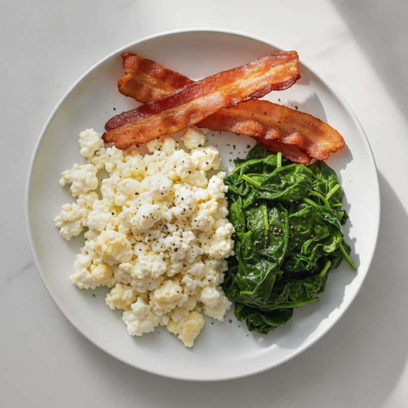 Fluffy Cottage Cheese Scramble with Sautéed Spinach and Turkey Bacon