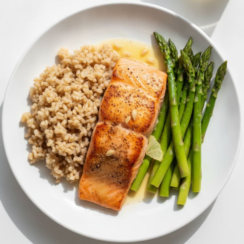 Seared Salmon with Steamed Asparagus and Brown Rice