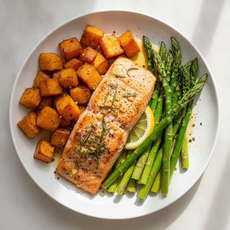 Rosemary Salmon with Roasted Sweet Potatoes