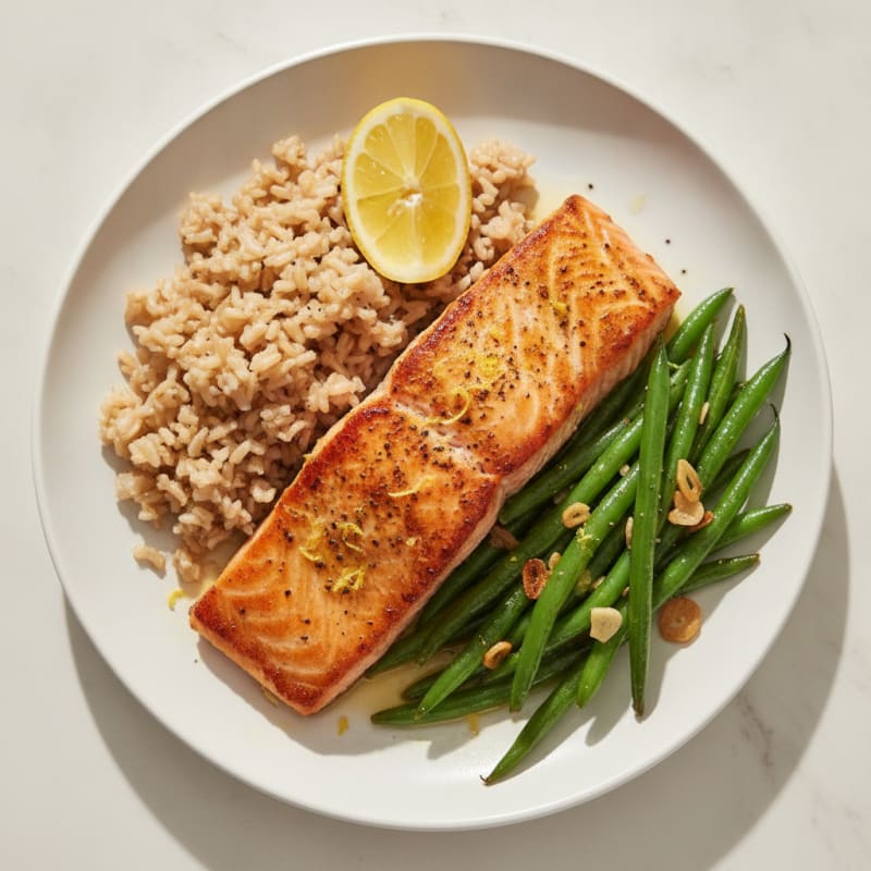 Seared Salmon with Garlic Green Beans and Brown Rice
