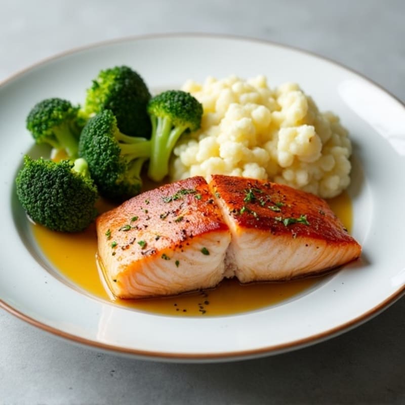 Pan-Seared Salmon with Roasted Broccoli and Garlic Mashed Cauliflower