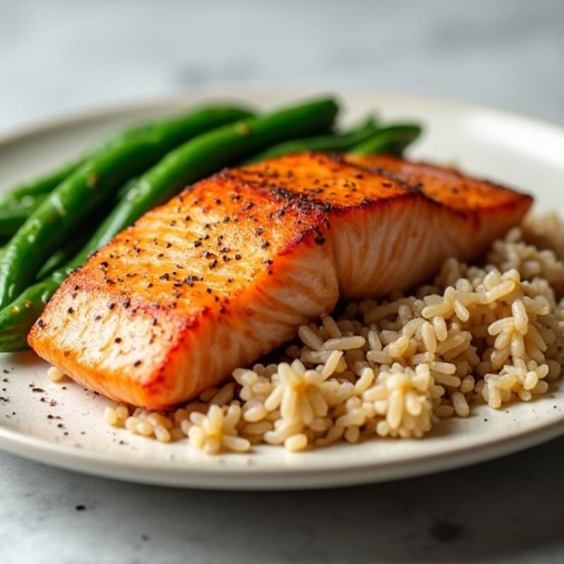 Seared Salmon Fillet with Garlic Green Beans and Brown Rice