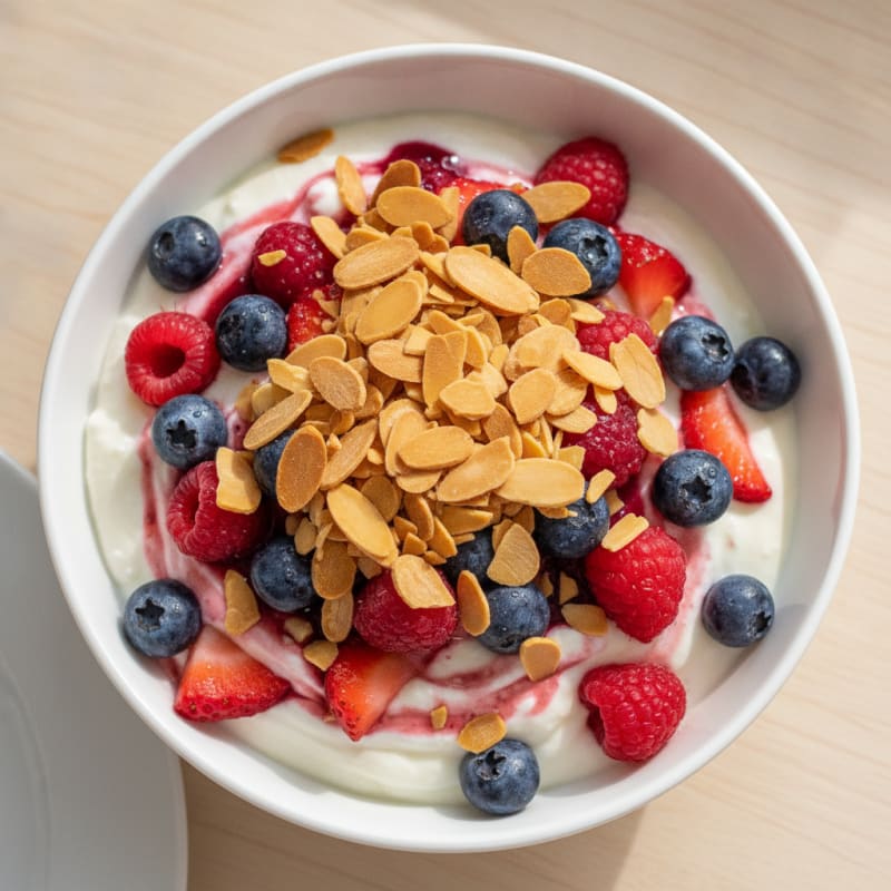Greek Yogurt Protein Parfait with Mixed Berries and Almonds