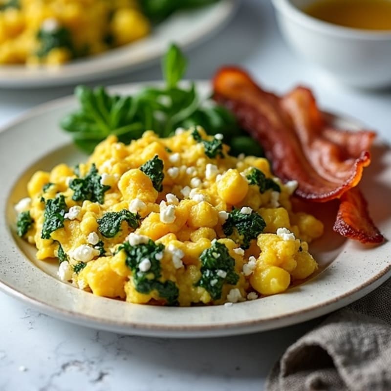 Fluffy Spinach and Feta Scramble with Crispy Turkey Bacon