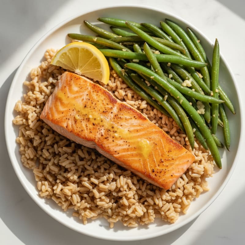 Seared Salmon with Garlic Green Beans and Brown Rice