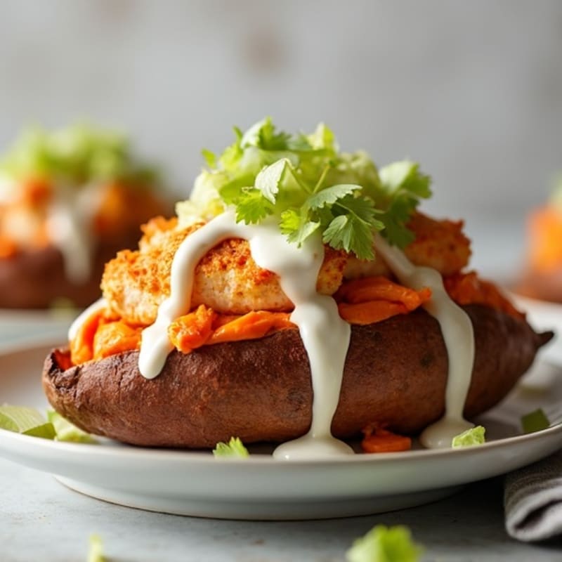 Creamy Buffalo Chicken Stuffed Sweet Potatoes with Crispy Celery
