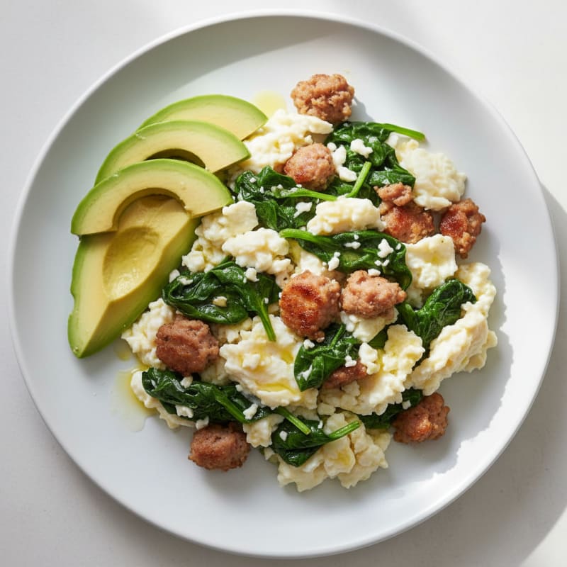 Scrambled Egg Whites with Turkey Sausage and Sautéed Spinach
