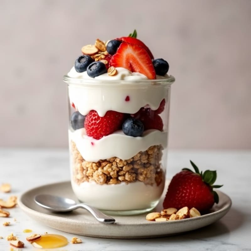 Greek Yogurt Parfait with Mixed Berries and Crunchy Almond Granola