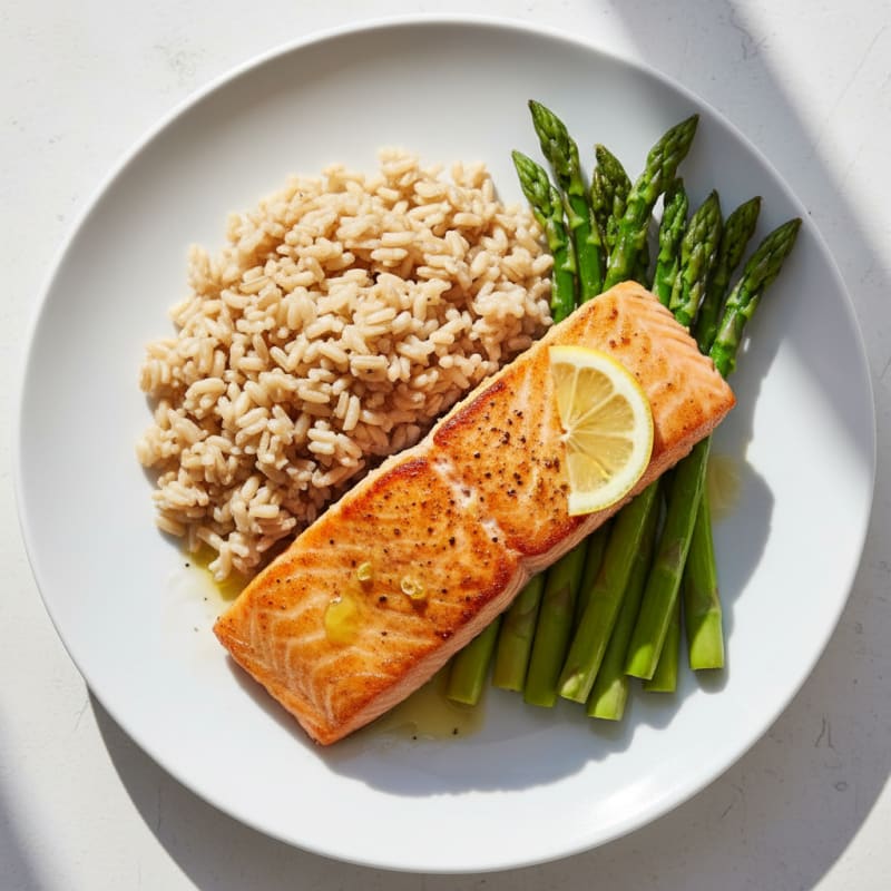 Seared Salmon Fillet with Steamed Asparagus and Brown Rice