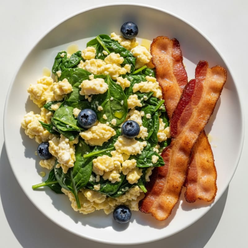 Cottage Cheese Egg Scramble with Spinach and Turkey Bacon