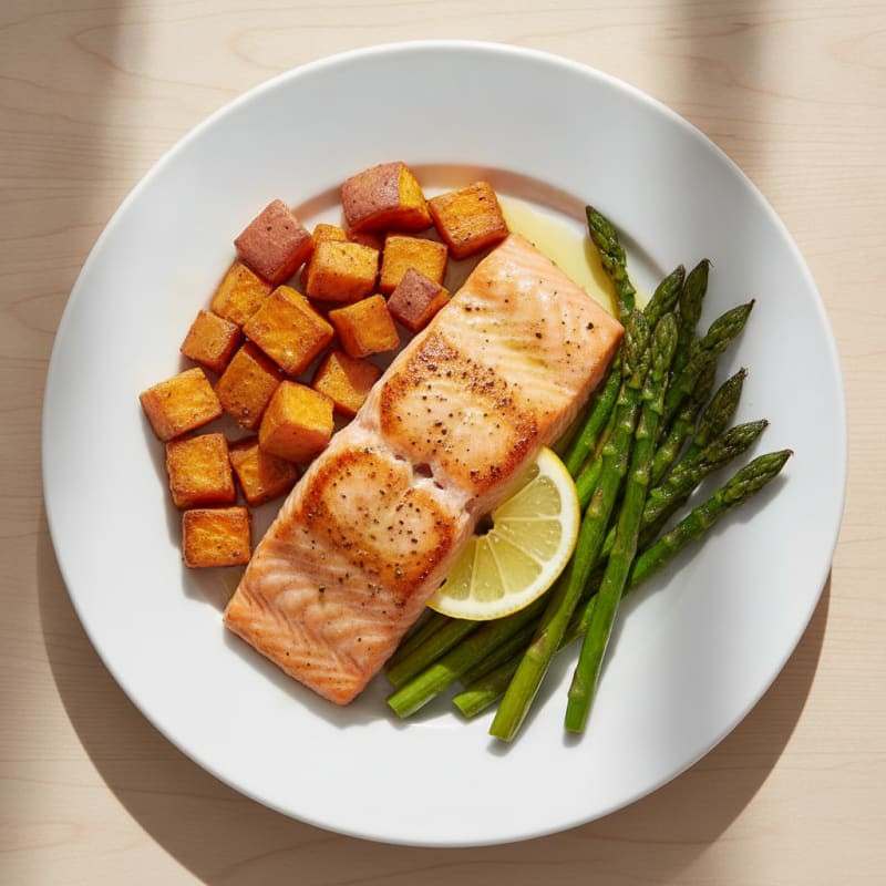 Seared Salmon with Roasted Sweet Potatoes and Asparagus