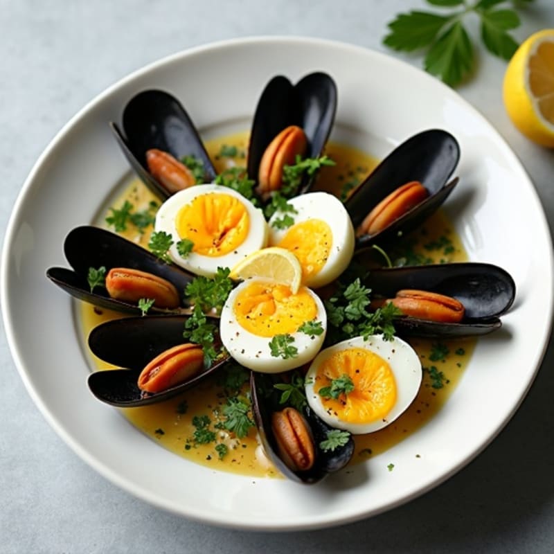 Steamed Mussels with Hard-Boiled Eggs and Fresh Herbs
