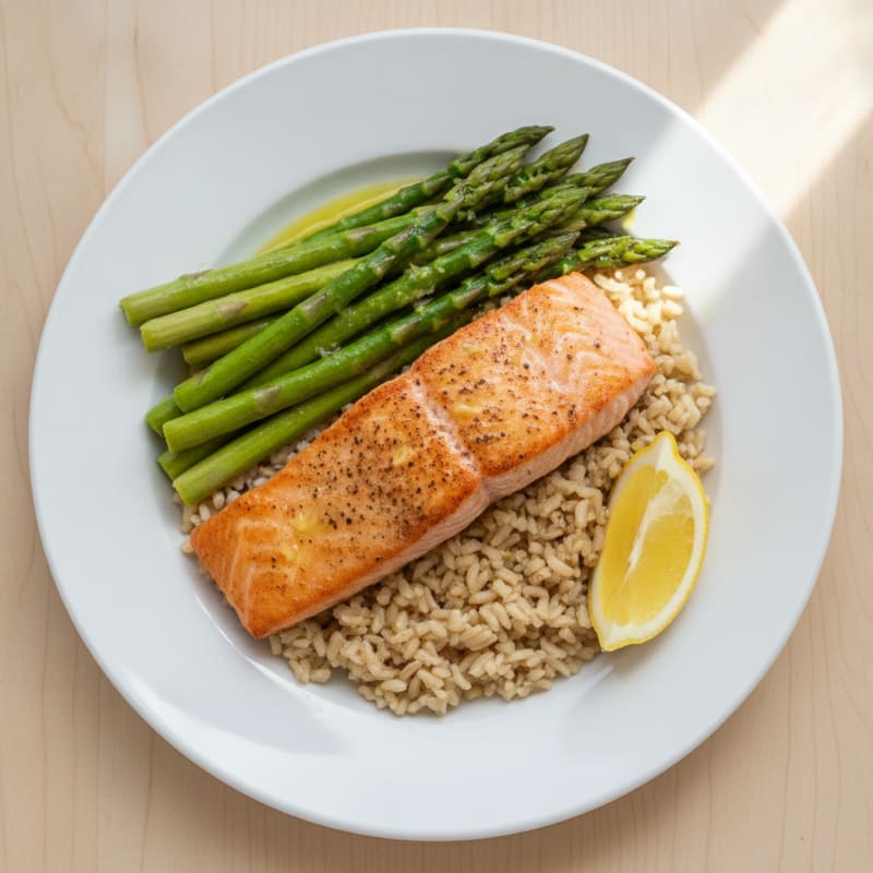 Seared Salmon Filet with Steamed Asparagus and Brown Rice