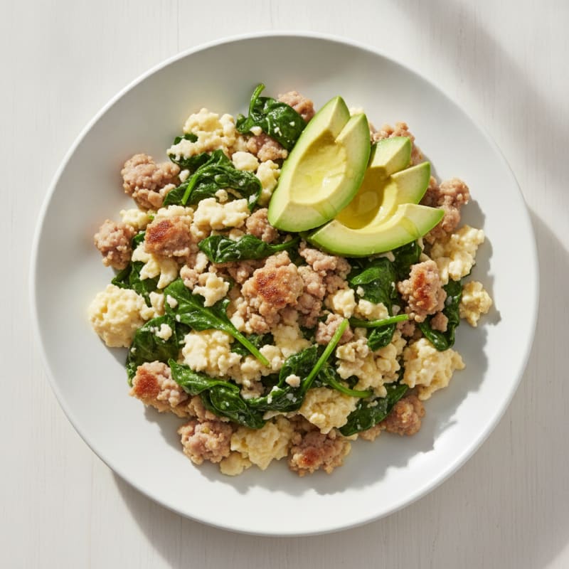 Egg White and Turkey Sausage Scramble with Sautéed Spinach