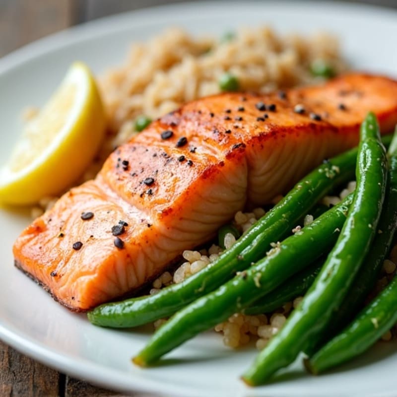 Seared Salmon Fillet with Garlic Green Beans and Brown Rice