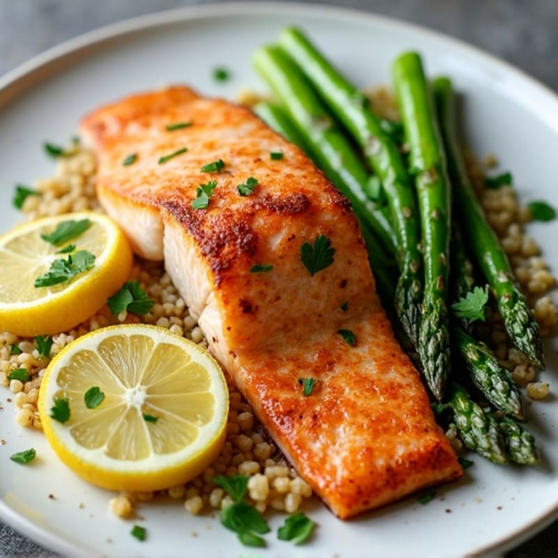 Crispy Pan-Seared Salmon with Roasted Asparagus and Lemon Herb Quinoa