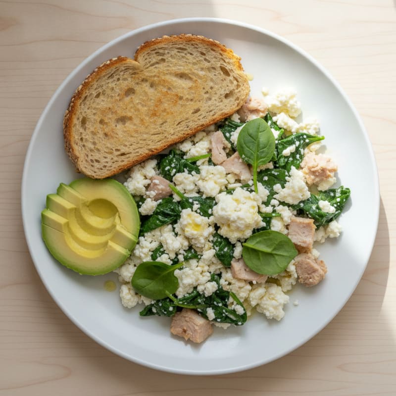 Egg White and Spinach Scramble with Cottage Cheese and Sliced Turkey