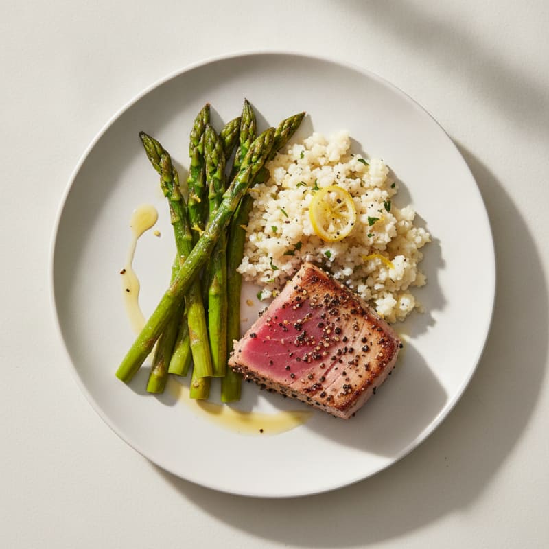 Seared Tuna Steak with Roasted Asparagus and Cauliflower Rice