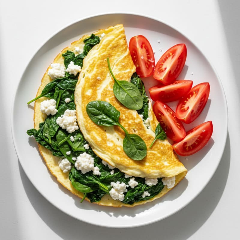 Egg White Spinach Omelet with Cottage Cheese and Sliced Tomatoes