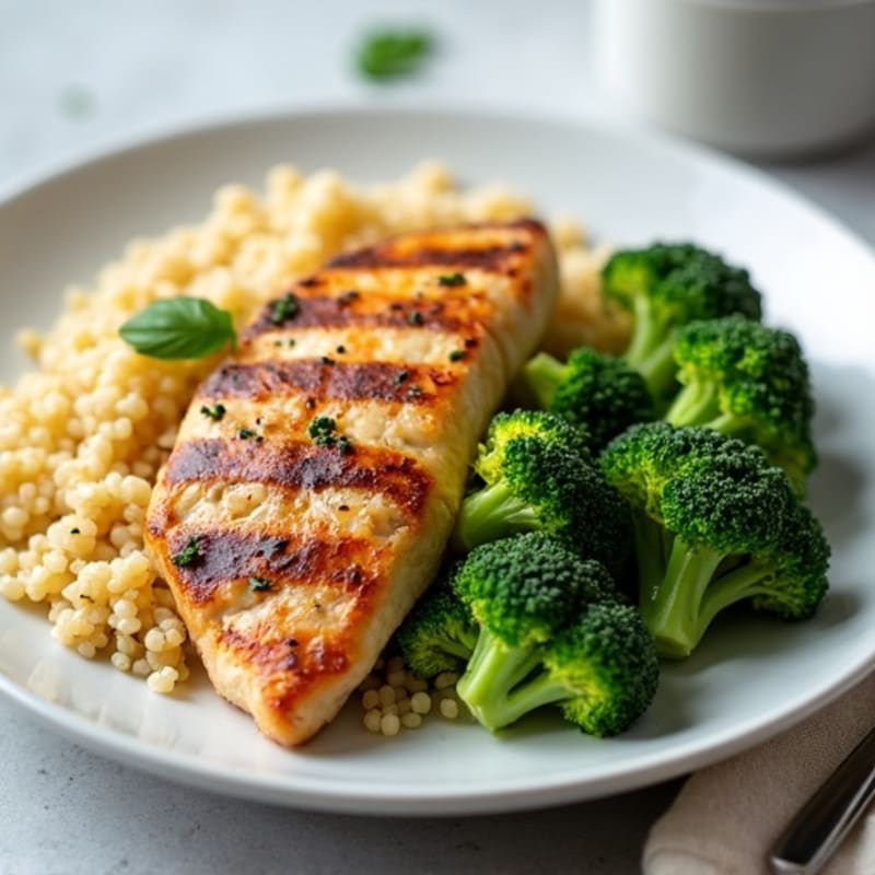 Grilled Chicken Breast with Steamed Broccoli and Quinoa