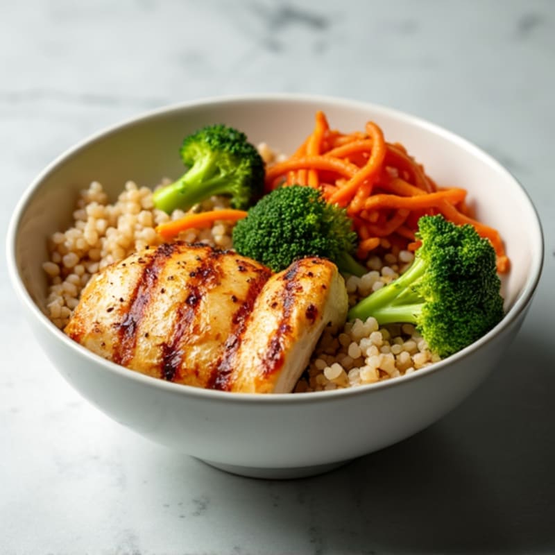 Grilled Chicken Rice Bowl with Steamed Broccoli and Kimchi