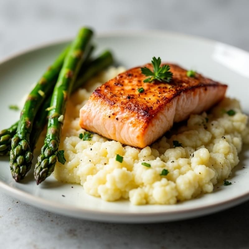 Seared Salmon with Steamed Asparagus and Cauliflower Mash