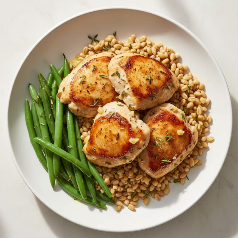 Herb-Seared Chicken Thighs with Steamed Beans and Farro