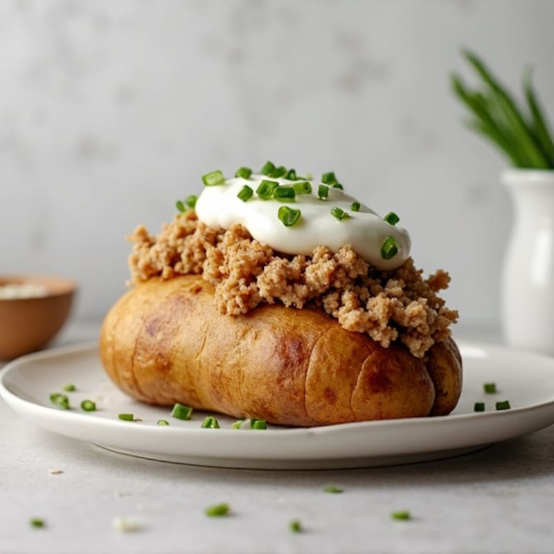 Crispy Baked Potato with Lean Ground Turkey and Creamy Chive Topping