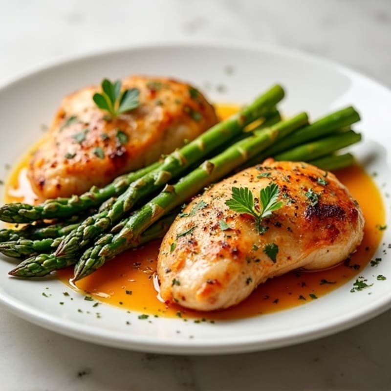 Lemon-Herb Roasted Chicken with Crispy Asparagus and Sweet Potatoes