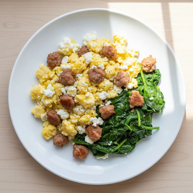 Cottage Cheese Scramble with Turkey Sausage and Sautéed Spinach