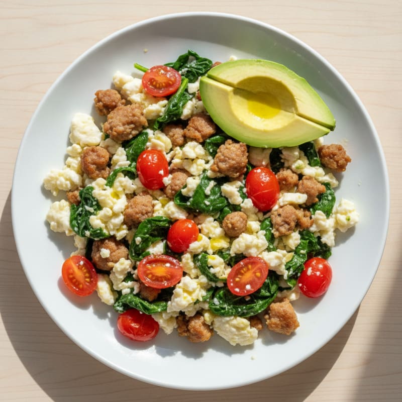 Egg White and Turkey Sausage Scramble with Spinach and Tomatoes