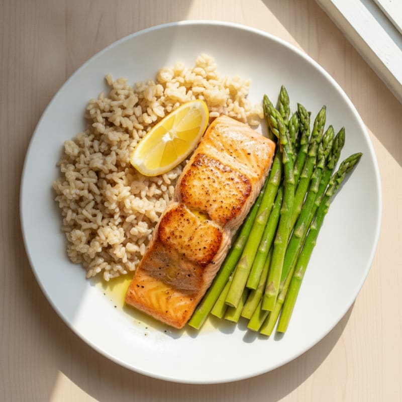 Seared Salmon with Steamed Asparagus and Brown Rice