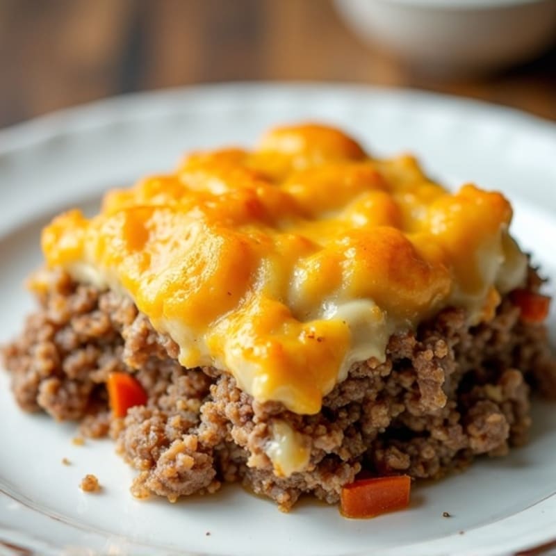 Lean Ground Beef and Turkey Sausage Bake with Creamy Cheesy Cauliflower Topping