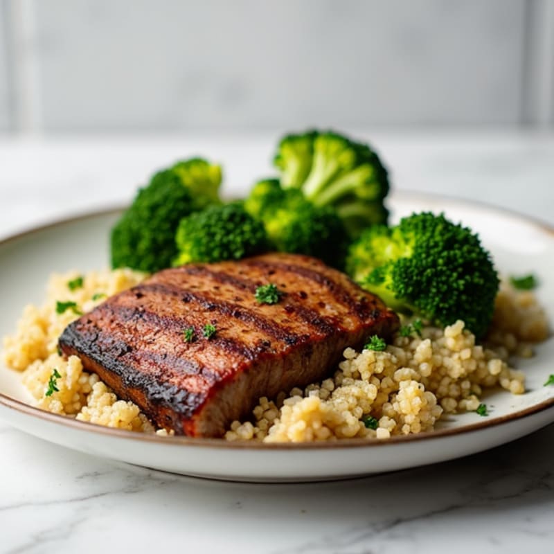 Seared Steak with Steamed Broccoli and Quinoa