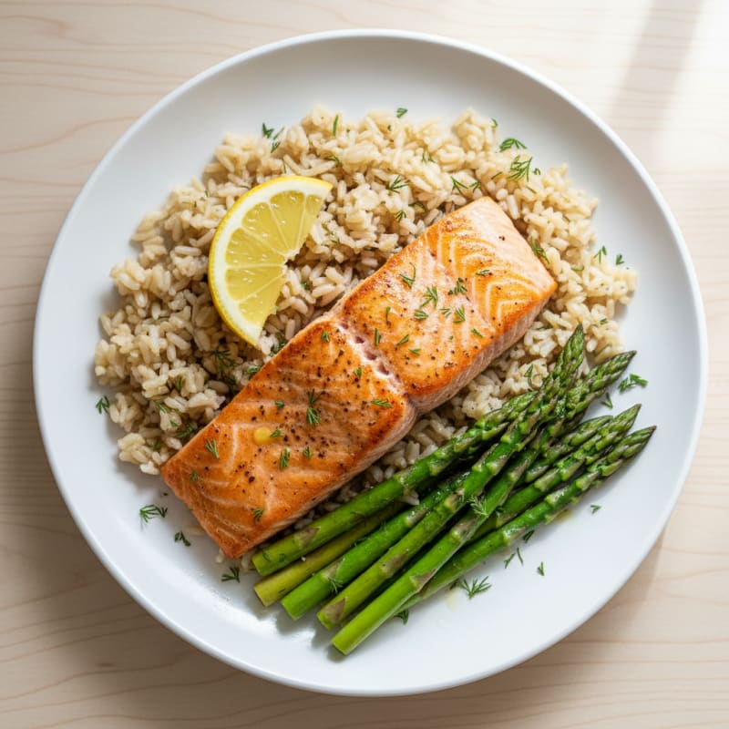 Seared Salmon Fillet with Steamed Asparagus and Brown Rice