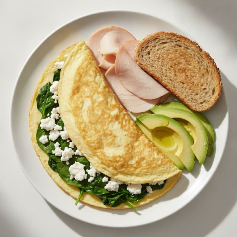 Egg White Spinach Omelette with Cottage Cheese and Sliced Turkey