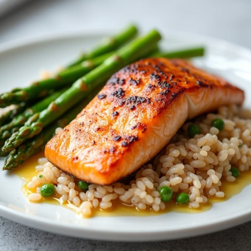 Seared Salmon with Steamed Asparagus and Brown Rice
