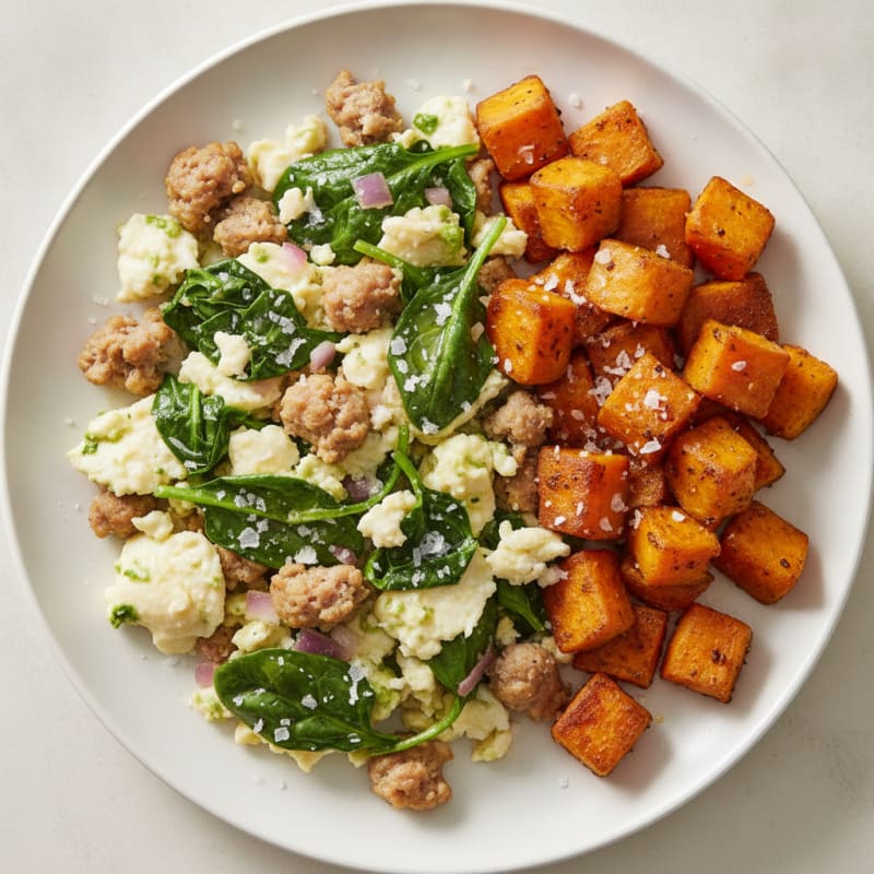 Egg White and Turkey Sausage Scramble with Spinach and Roasted Sweet Potatoes