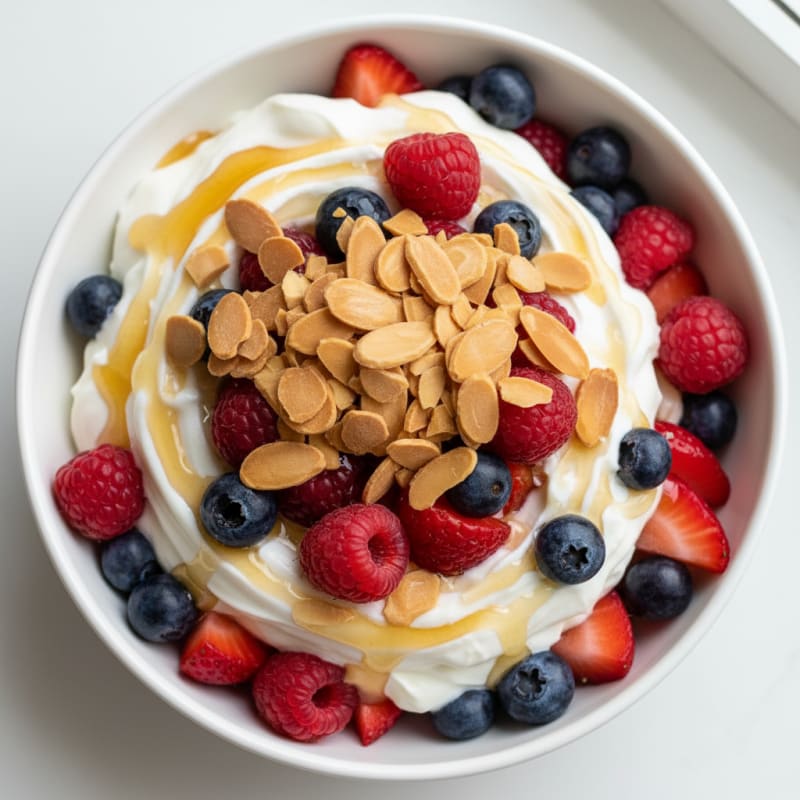 Greek Yogurt Protein Parfait with Mixed Berries and Almonds