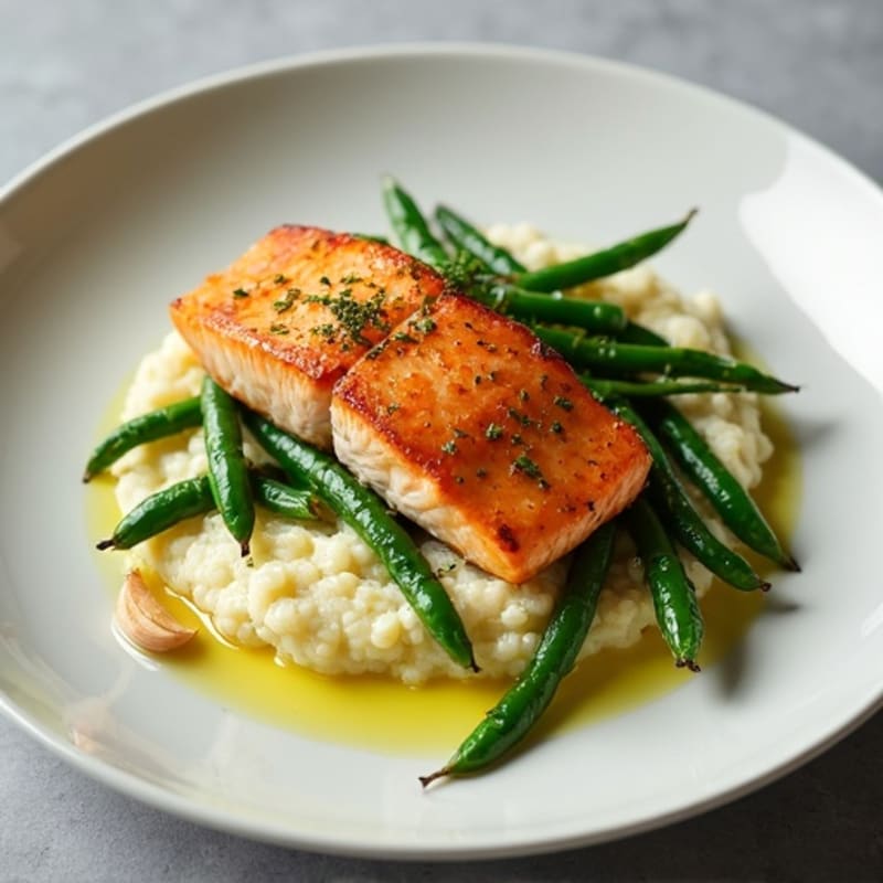 Seared Salmon with Garlic Green Beans and Cauliflower Mash
