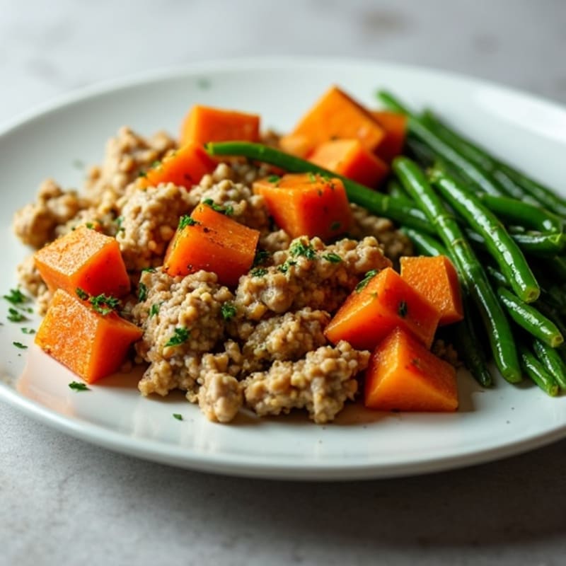 Lean Ground Turkey Skillet with Roasted Sweet Potatoes and Green Beans
