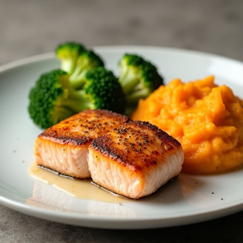 Seared Salmon with Steamed Broccoli and Mashed Sweet Potato