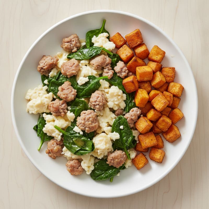 Egg White Scramble with Turkey Sausage and Sautéed Spinach