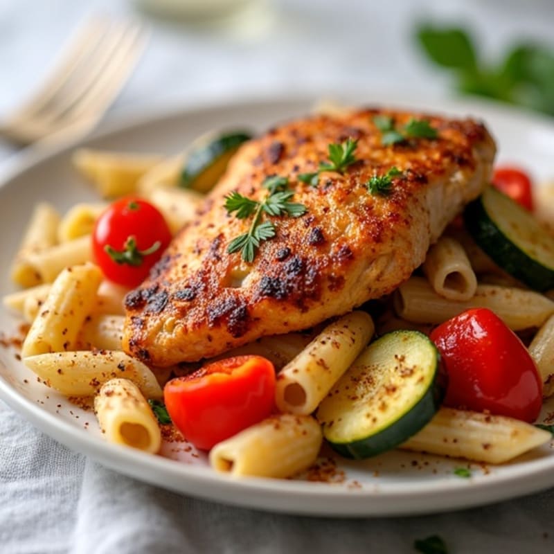 Spicy Cajun Chicken and Whole Wheat Pasta with Roasted Vegetables