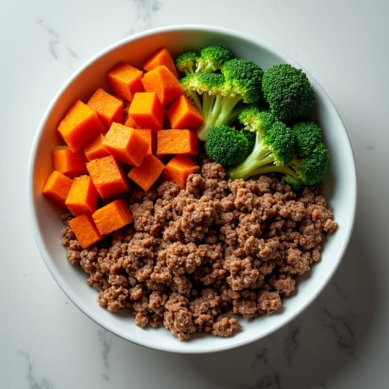 Ground Beef and Roasted Sweet Potato Bowl with Steamed Broccoli